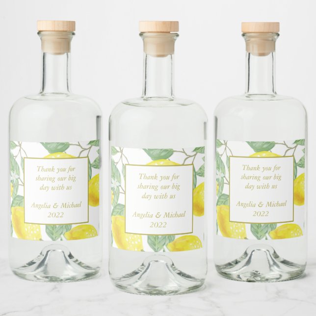 Modern Yellow Lemons Green Leaves Wedding Liquor Bottle Label (Bottles)