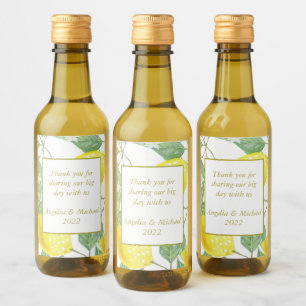 Modern Yellow Lemons Green Leaves Wedding Wine Label