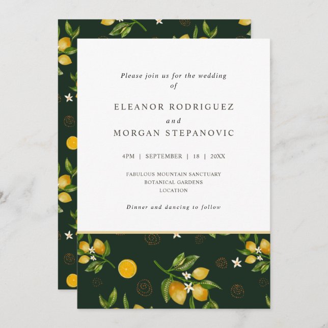 Modern yellow lemons juicy wedding invitation (Front/Back)
