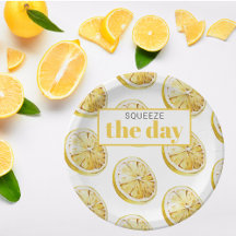 Modern Yellow Lemons Pattern &amp; Squeeze The Day Paper Plate