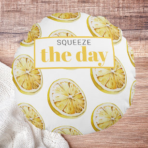 Modern Yellow Lemons Pattern & Squeeze The Day Round Cushion