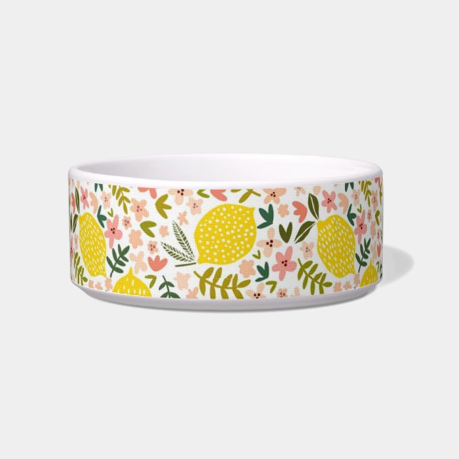 Modern Yellow Lemons with Pink Floral Pet Bowl (Front)