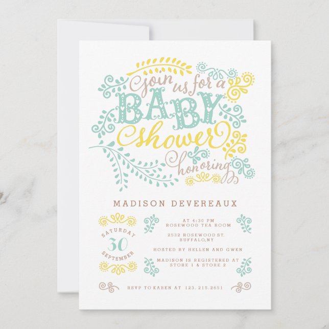 Modern Yellow Mint Gender Neutral Cute Baby Shower Invitation (Front)