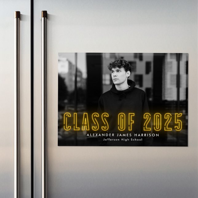 Modern Yellow Neon Class of 2025 Photo Graduation Magnetic Invitation (Creator Uploaded)
