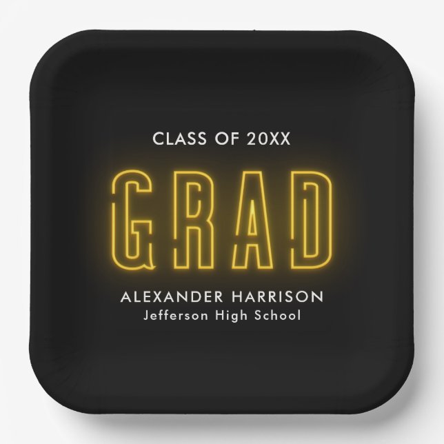 Modern Yellow Neon Graduation Paper Plate (Front)
