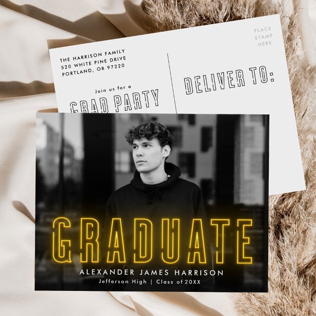 Modern Yellow Neon Photo Graduation Party Invitation Postcard (Creator Uploaded)