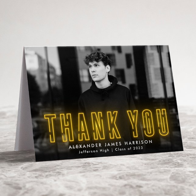 Modern Yellow Neon Photo Graduation Thank You Card (Creator Uploaded)