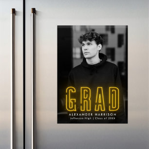 Modern Yellow Neon Vertical Photo Graduation Magnetic Invitation