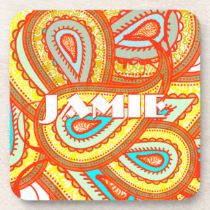 Modern Yellow Orange Aqua Mint Paisley Gifts Coaster