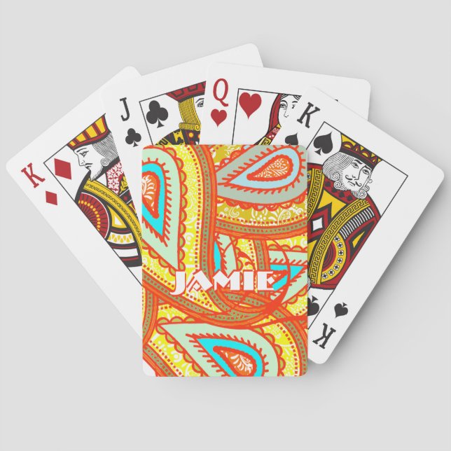Modern Yellow Orange Aqua Mint Paisley Gifts Playing Cards (Back)