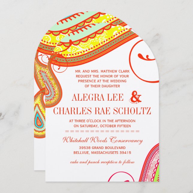 Modern Yellow Orange Aqua Mint Paisley Wedding Invitation (Front/Back)