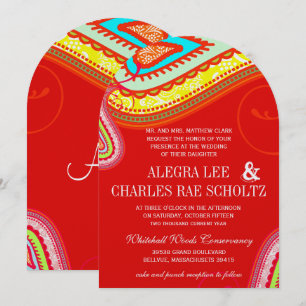 Modern Yellow Orange Aqua Mint Red Paisley Wedding Invitation