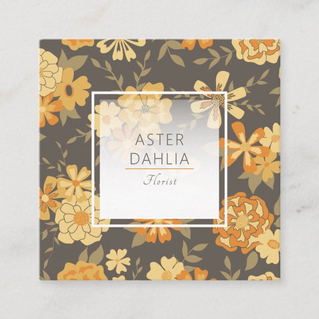 Modern Yellow Orange Illustrated Flowers Square Business Card (Front)