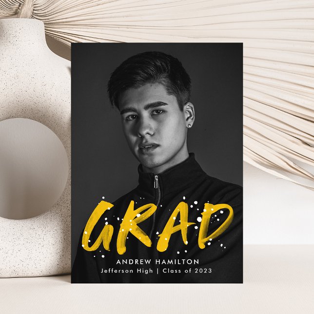Modern Yellow Paint Splatter Photo Graduation Announcement (Creator Uploaded)