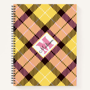 Modern Yellow Pink Plaid Tartan Personalised Name Notebook