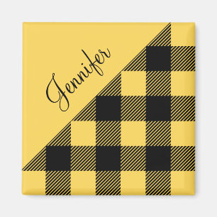 Modern Yellow Plaid Check Pattern Name Magnet