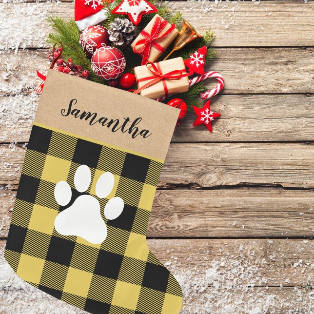 Modern Yellow Plaid & Name Dog Paw Large Christmas Stocking (Creator Uploaded)