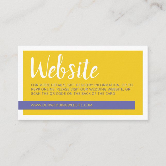 Modern yellow & purple QR code wedding website Enclosure Card (Front)