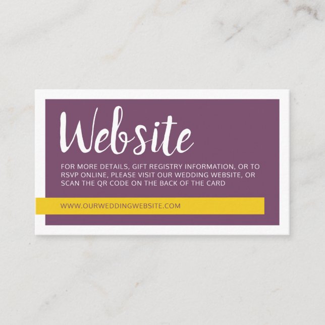 Modern yellow purple with QR code wedding website  Enclosure Card (Front)