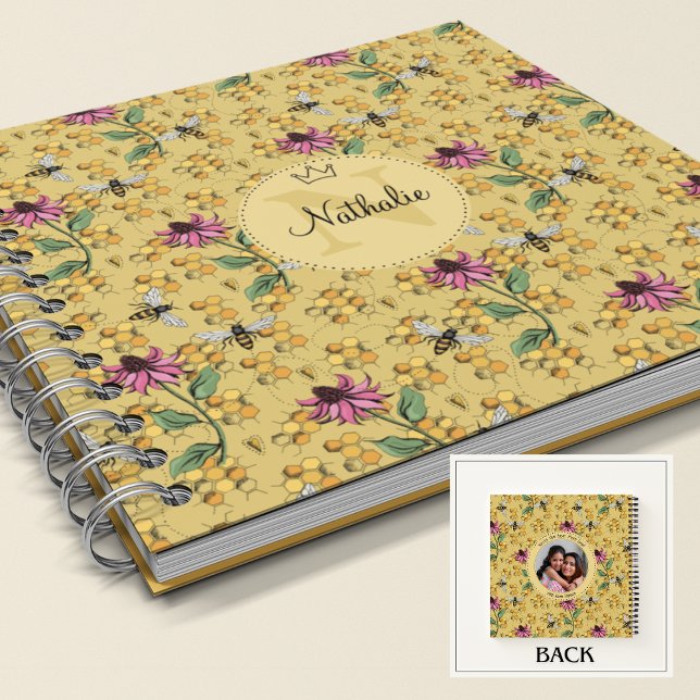 Modern Yellow Queen Bee & Flowers Monogram Notebook (Beautiful Nature Queen Bee, Honeycomb & Pink Exotic Flower Monogram & Name Custom Square Notebook. )