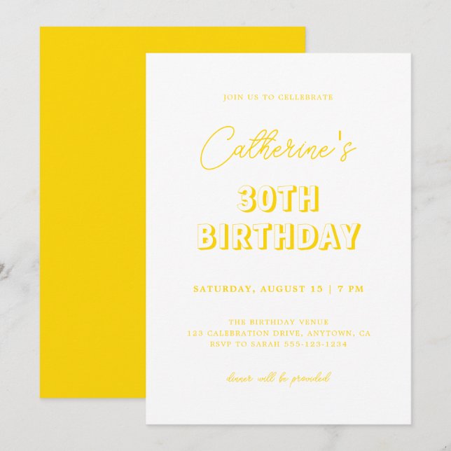 Modern Yellow Retro 30th Birthday Party Invitation (Front/Back)