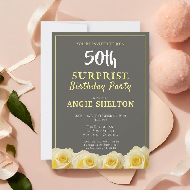 Modern Yellow Rose 50th Surprise Birthday Party Invitation (Creator Uploaded)