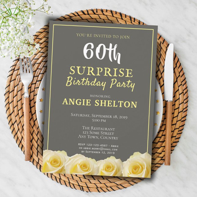 Modern Yellow Rose 60th Surprise Birthday Party Invitation (Creator Uploaded)