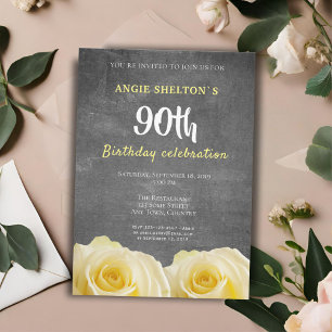 Modern Yellow Rose Chalkboard 90th Birthday Party Invitation