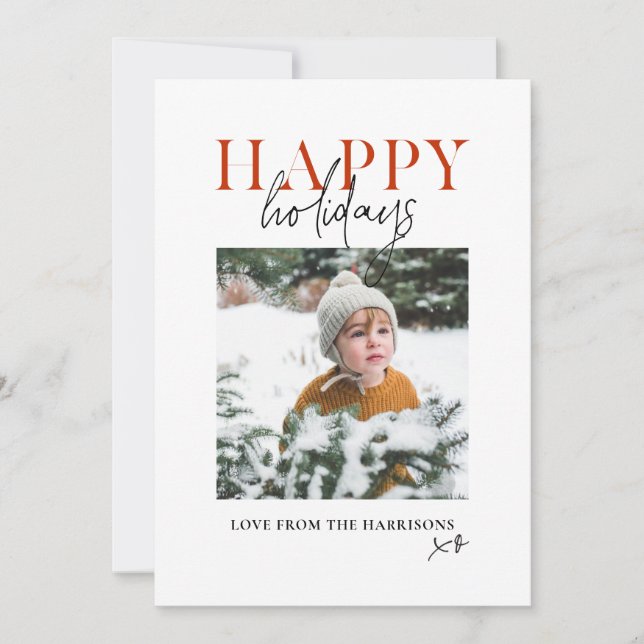 Modern Yellow Script Family Kids Photo Happy Holiday Card (Front)