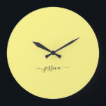 Modern yellow script name large clock<br><div class="desc">Modern clock with a sunny yellow background and a hand lettered black girly script name. Personalise with your name</div>