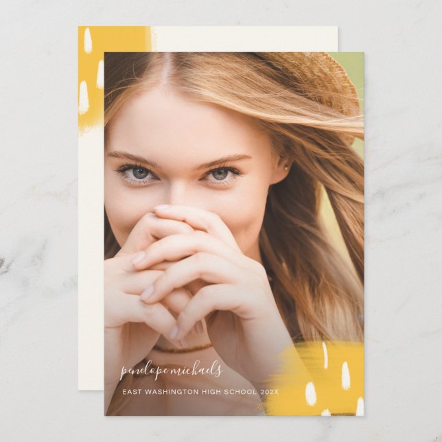 Modern Yellow Splashes One Photo Graduation Party Invitation (Front/Back)