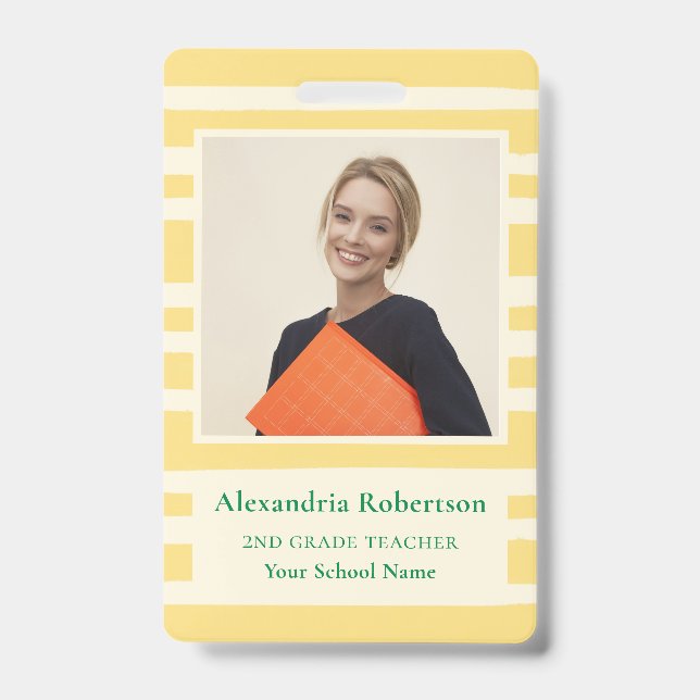 Modern Yellow Stripes Teacher Photo ID Badge (Front)