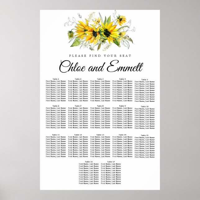 Modern Yellow Sunflower 17-Table Seating Chart (Front)
