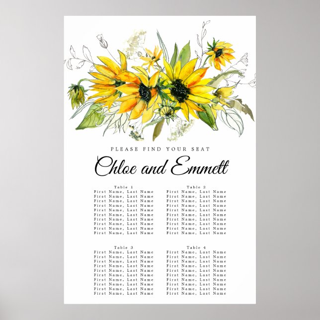 Modern Yellow Sunflower 4-Table Seating Chart (Front)