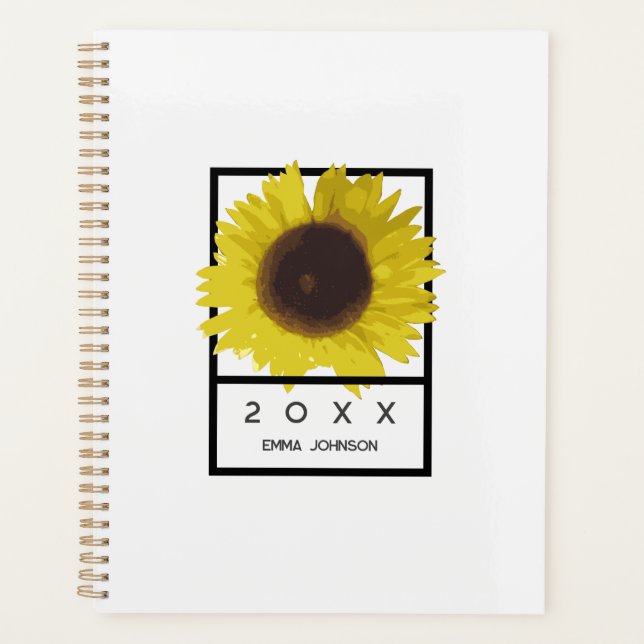 Modern Yellow Sunflower Floral Custom Name Planner (Front)