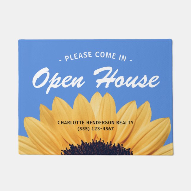 Modern Yellow Sunflower Real Estate Open House Doormat (Front)