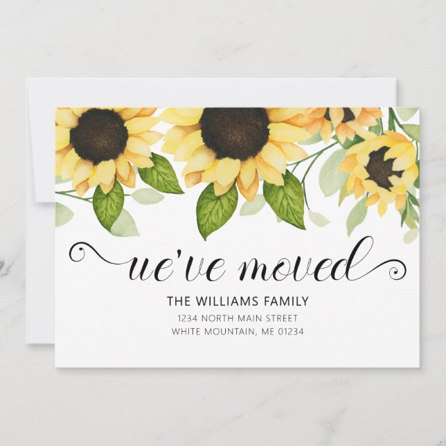 Modern Yellow Sunflower Watercolor Floral Moving Announcement (Front)
