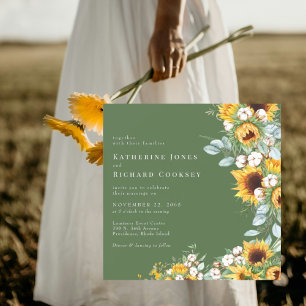 Modern Yellow Sunflowers Green No Parents Wedding Magnetic Invitation