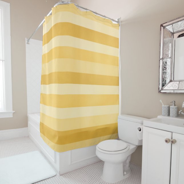 Modern Yellow Textured Stripes Pattern Shower Curtain (In Situ)
