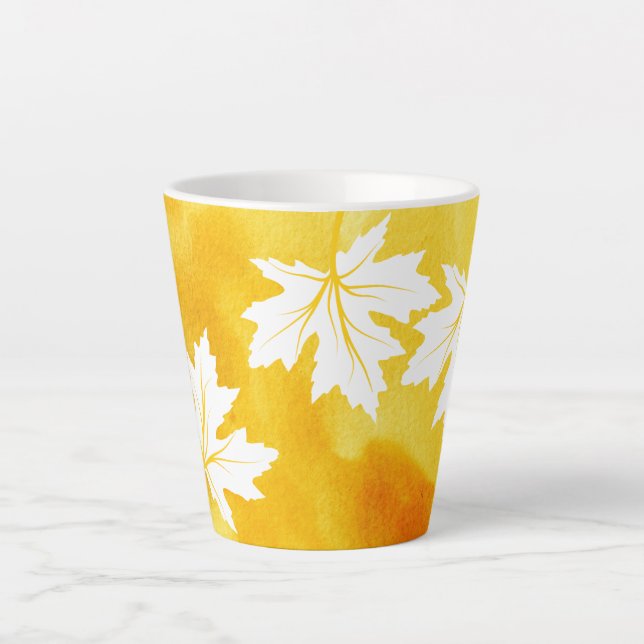 Modern yellow watercolor and white maple leaves latte mug (Front)