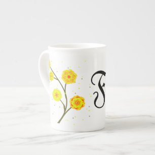 Modern yellow watercolor floral monogram name bone china mug