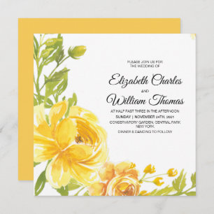 Modern Yellow Watercolor Flowers Wedding Invitation