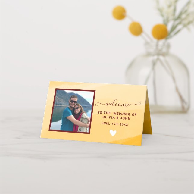 Modern Yellow Watercolor photo wedding Folded Place Card (Front)