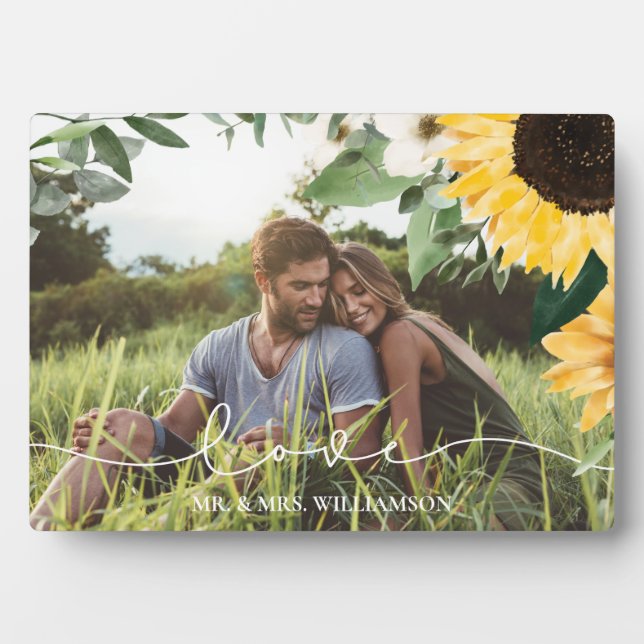 Modern Yellow Watercolor Sunflowers Photo Wedding Plaque (Front)