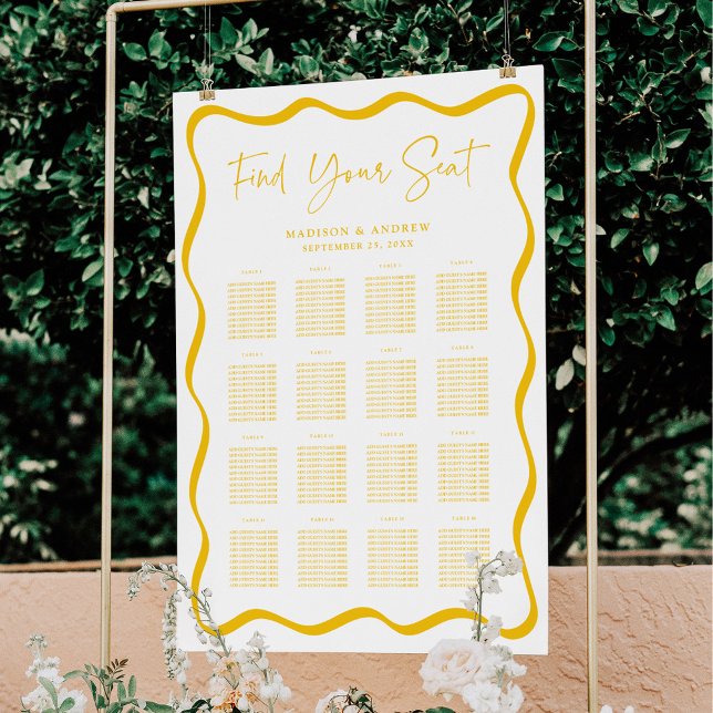 Modern Yellow Wavy Frame 16 Table Seating Chart (Creator Uploaded)