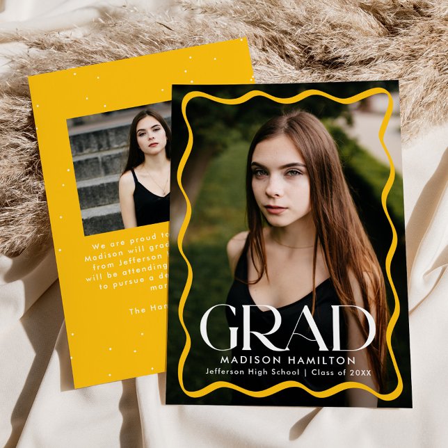 Modern Yellow Wavy Frame Grad 2 Photo Graduation Announcement (Creator Uploaded)
