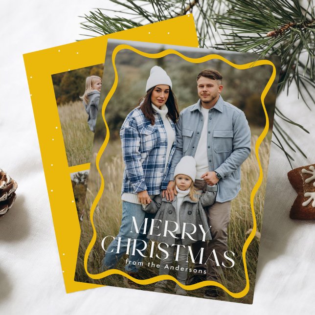Modern Yellow Wavy Frame Merry Christmas 3 Photo Holiday Card (Creator Uploaded)