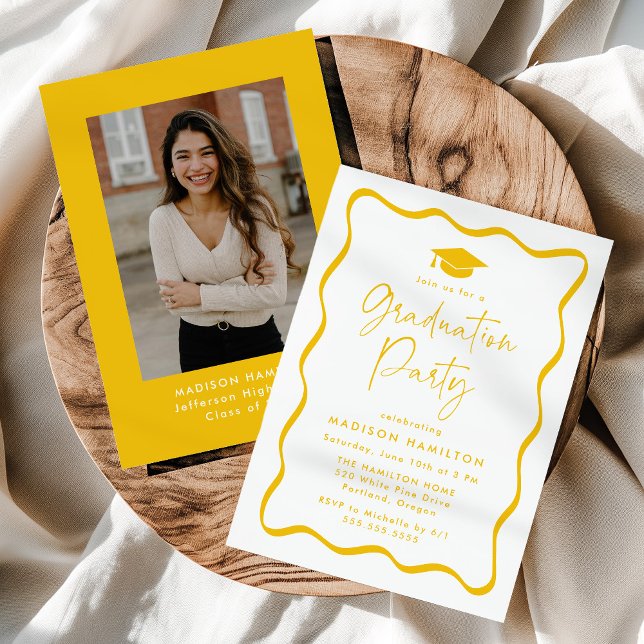Modern Yellow Wavy Frame Photo Graduation Party Invitation (Creator Uploaded)