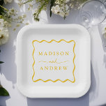 Modern Yellow Wavy Frame Wedding Paper Plate<br><div class="desc">Add a stylish touch to your wedding reception, rehearsal dinner, engagement party, or wedding shower with these Modern Yellow Wavy Frame paper plates. The retro wedding paper plates display the couple's names in bold yellow lettering surrounded by a yellow wavy border contrasting with a white background. The trendy wedding paper...</div>