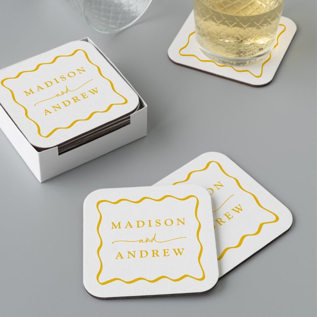 Modern Yellow Wavy Frame Wedding Square Paper Coaster (Creator Uploaded)